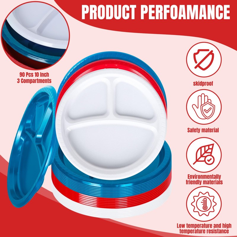 FYSUIMU 90Pcs 10 Inch 3 Compartment Divided Plates Plastic Disposable