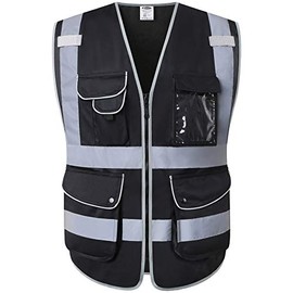 JKSafety 9 Multi-Functional Pockets Zipper Front Safety Vest With Reflective Strips Meet ANSI/ISEA Standards (Black, Medium)