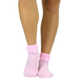 ToBeInStyle Women's Opaque Ankle High Socks With Ruffled Lace Top - Pink