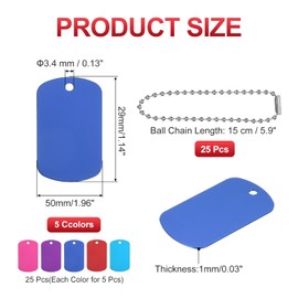PATIKIL Metal Stamping Blanks Tags 2", 25 Pcs Anodized Aluminum Blank Dog Tags Rectangle Laser Engraving Blanks ID Name Tag with 6" Ball Chain, Red/Blue/Light Blue/Rose Red/Purple