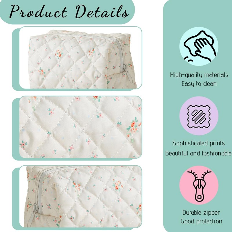 NJCXOLA Floral Pattern Quilted Cosmetic Bag Large Capacity Soft Cotton