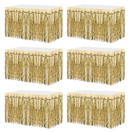 sourcing map 6 Pcs 29x108 Inch Champagne Gold Metallic Foil Fringe Tinsel Table Skirts for Rectangle Tables Tinsel Backdrop Curtain for Wedding Birthday Party Decoration