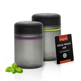 ONGROK Glass Storage Jar, 500ml, 2 Pack, UV Herb/Spice Jar with Child Resistant Lid, Color-Coded Glass Containers Air Proof to Preserve Smell and Aroma, Perfect Size to Store in a Drawer or Cupboard