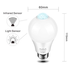 Boxlood Motion Sensor Light Bulbs, 12W(100-Watt Equivalent) PIR Motion Activated Dusk to Dawn Outdoor LED Light Bulb, E26 5000K Daylight, Perfect for Garage Front Door Porch Hallway Basement 4Piece