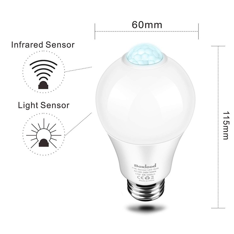 Boxlood Motion Sensor Light Bulbs, 12W(100-Watt Equivalent) PIR Motion Activated