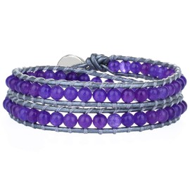 KELITCH Created Agate Round Beads on Gray Leather 2 Wrap Bracelet Handmade New Summer Bangles