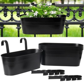 vensovo Metal Railing Planter for Outdoor Plants - 5 Pack 16 Inch Balcony Hanging Planter Box with Detachable Hooks and Drain Holes Oval Hanging Pots Fence Planters for Railing Garden Fence, Black