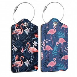 Pink Flamingos 2 Pack Luggage Tag for Suitcase, Cute Unique Leather Bag Tags Identifiers Privacy Cover ID Label with Durable Steel Loop for Women Men Kids Girls Travel