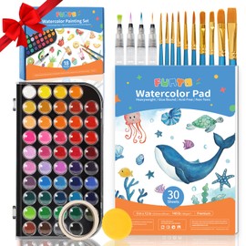 Funto Watercolor Set, 48 Color Paint Set, 10 Brushes, 4 Refillable Water Brush Pens, 30 Page Pad(9"x12"), Masking Tape, Sponge, Palette, Painting Kit for Kids, Adults, Beginners