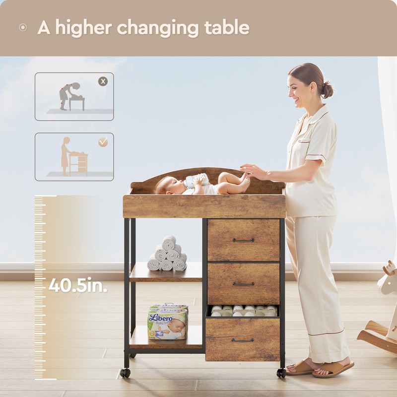 YeTom Changing Table Dresser, Baby Dresser with 3 Fabric Drawers