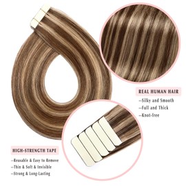 SURNEL Tape-In Extensions 4 Medium Brown Highlighted 27 Caramel Blonde Tape-In Hair 18 Inches 50 g 20 Pieces Tape Extensions Real Hair (tape #4P27-45 cm)