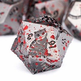 OGCOPHEN Metal DND Cat Dice Polyhedral RPG Dice Set with Gift Case for Dungeons Dragons Role Playing Game, 7PCS D and D Dice D6 D8 D10 D12 D20 D% (Blood)