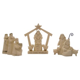 Blossom Bucket Joy to The World Nativity Scene, Freestanding, Christmas Decor, Set of 3, Ivory, Gold, 5''Lx4.75''H