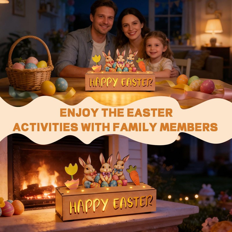 Happy Easter Decorations with LED Lights, Wooden Easter Decor Gifts