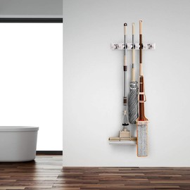 Xiloccer Renatone Mop and Broom Holder Wall Mount, Heavy Duty Organizer Storage Hooks Mounted, Commercial Rack 5 Slots & 6 Hooks, Hanging Tools for Home, Garden, Garage, White, 15 x 3.5 x 2.5 inches