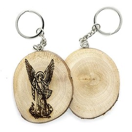 Generico Key Ring Made of Natural Wood with Archangel Michael, Beige, One Size, beige