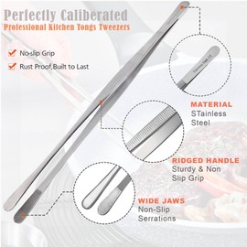 A2Z Kitchen Tweezers Tongs, Stainless Steel Food Tongs Chef Tweezers for Cooking, Plating, BBQ, Pasta - Precision Serrated Food serving Tongs - 12 Inch Wide-Tipped Cooking Tweezers