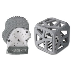 Malarkey Kids Munch Mitt and Chew Cube Bundle for Baby Boy and Girl, Grey Stars Mitt (MM08GS) and Chew Cube (CC01GR)
