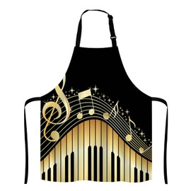 Lefolen Black And Gold Music Notes Bib Apron with Adjustable Neck for Men Women,Suitable for Home Kitchen Cooking Waitress Chef Grill Bistro Baking BBQ Apron