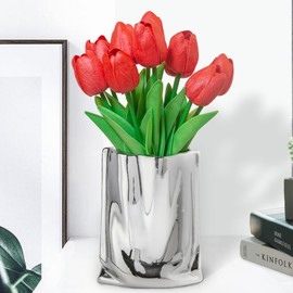 10 Pcs Artificial PU Tulip with Vase Real Touch Home and Living Room Decoration (Yellow)