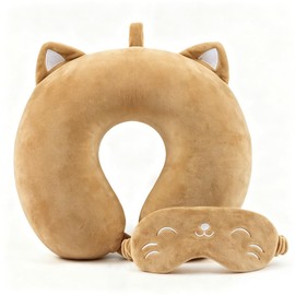 Cute Travel Pillow for Kids & Adults with Sleep Eye Mask - Memory Foam Sleeping Head Support Neck Pillows with Breathable Cover for Toddlers & Children Long Flights Car Rides,Khaki Cat