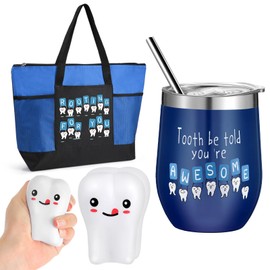 Sliner 3 Pcs Positive Dentist Assistant Gifts Dental Hygienist Gifts Accessories Inspirational 12oz Tumbler Tote Bag Funny Teeth Stress Toy Valentine's Day Gifts for Dentist Women men(Blue)