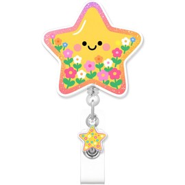 Cute Flower Star Badge Reel for ID Card, Cute Retractable Nurse Flower Star Alligator Clip Badge Reel for Women, ID Name Tag Badge Holder for Office School Hospital Nurses Doctors Teachers