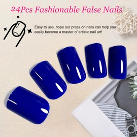 Ceboic 24Pcs French Press on Nails, Pure Color Full Cover False Nails, Short Square Glue on Nails with Jelly Glue, Natural Royal Blue Artificial Fake Nails for Women and Girls DIY Nails Art