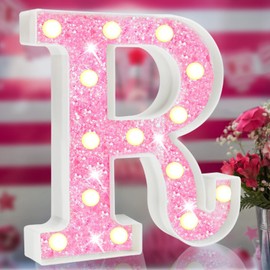 Light Up Letters, Glitter Alphabet Letter Sign Pink LED Marquee Letter Lights Battery Powered for Night Light Girls Bedroom Birthday Party Wedding Home Christmas Decorations Gift for Her-Pink R