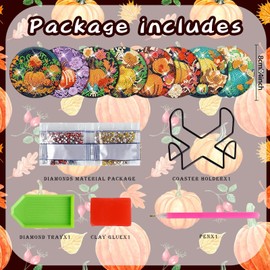 Denylo pro 8 Pcs Fall Pumpkin Diamond Art Painting Coasters Kits with Holder DIY Autumn Pumpkin Diamond Art Coaster Non Slip Coaster for Adults Pumpkin Diamond Kits Supplies for Fall Gift