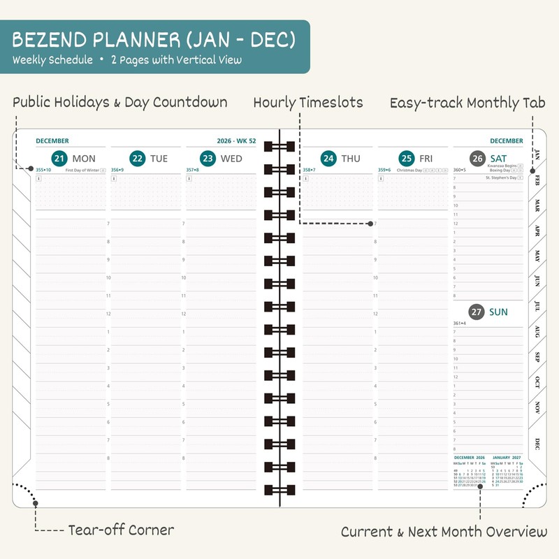 BEZEND 2026 Planner Weekly and Monthly (8.5" x 11" Spiral)