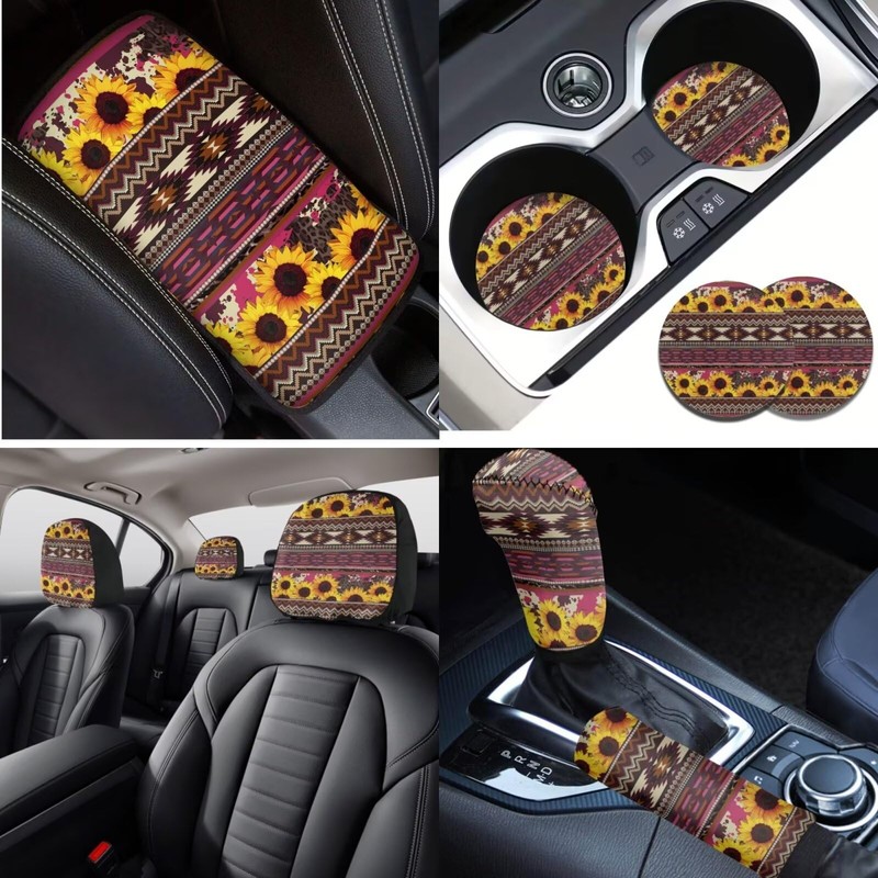 Cxdvotvy Aztec Sunflower Cow Car Seat Cover Full Sets, 16