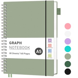 RETTACY A5 Notebook Grid Graph Paper, Spiral Notebook 160Pages/80 Sheets Journal for Women Men,Notepad with 100gsm Paper for Writing,PVC Pocket, Pen Loop, Ruler, Bookmark,14.5 x 20.7cm- Light Green