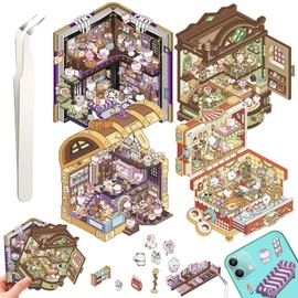 DIY 3D House Stickers, 4 Set Fun DIY Stickers Scene Make Your Own Warm Home, Supermarket, Coffee Shop, Music Bar, Cute 3D Cartoon Scene Stickers for Adult Kids Relief Stress Pass The Time (XM4.0)