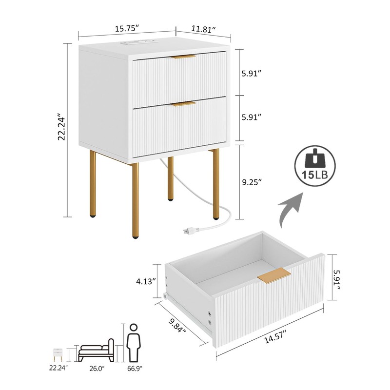 Masupu Nightstand with Charging Station,Mid-Century Modern Bedside Table with 2
