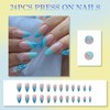 24PCS Blue Glitter French Tip Press on Nails, Medium Almond