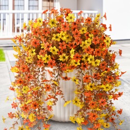 Fall Artificial Hanging Faux Mums Flowers for Outdoor Decoration,2 Pcs Fake Plant Autumn Decor Silk Daisy Realistic UV Resistant for Home Indoor Porch Patio Wall Balcony Yard(Orange Yellow)