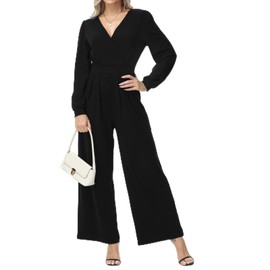 Tanmolo Women's Long Jumpsuit Long Sleeve V-Neck Jumpsuit Elegant Trouser Suit Wide Leg Romper with Pockets, Black-QF33