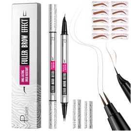 2 Pack Curved Eyebrow Pen and Eyeliner, 2 in 1 Dual Ended Microblading Eyebrow Pencil with 10 Brow Stencils, Waterproof Eye Brow Pencils for Women Create Natural Hair Like Brows (Chocolate)