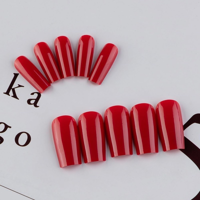 Red Press On Nails Medium Long Square, KQueenest Medium Coffin