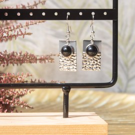 NILUXE DESIGN - Ohrringe Naturstein - Hängende Damenohrringe Rechteckig - Versilberter Edelstahl Halbedelsteine Schutz- und Heilstein-Amulett (Obsidian)