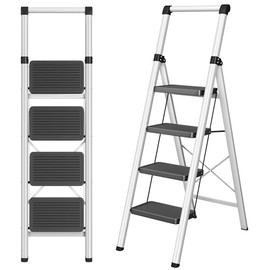 4 Step Ladder, DIAMONDFORGE Folding Step Stool with Wide Anti-Slip Pedal, Anti-Slip Feet and Handgrip, Sturdiest Steel Construction, 600lbs Capacity Steel Ladder for Home, Black Grey