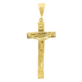 The Bling Factory Large 14K Gold Plated Wood-Textured Jesus Crucifix Cross Pendant with INRI Plaque – (1.5" x 2.5")