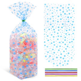 SOMIOCO Cellophane Treat Bags 5X 11 IN Blue Star Flat Bottom Gusset 100 PCS Cellophane Party Favor Goodie Bags for Packaging Gift Candy Cookies Popcorn