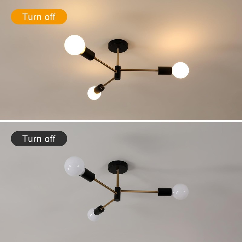 SENQIU Sputnik Ceiling Light, Black Golden Semi Flush Mount Ceiling