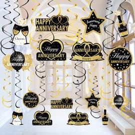 Luxiocio 16Pcs Black Gold Happy Wedding Anniversary Hanging Swirls Decorations, Stars Theme Party Supplies, 30th-60th Anniversary Ceiling Decor