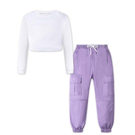 Betusline Cute Clothes for Teen Girls, Long Sleeve White Crop Tops Tee Shirts + Purple Cargo Jogger Pants Outfits 2pcs Clothes Set, 11-12 Years = Tag 160