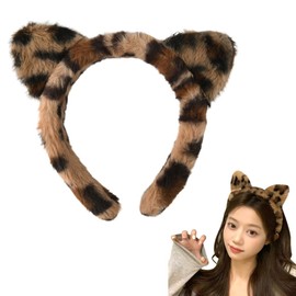 Leopard Cat Ears Headband Hair Band Accessories - Plush Animal Costume Hoop for Washing Face - Soft Brown Ears Hairband for Women