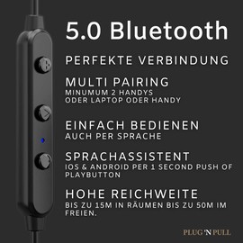 PLUG 'N PULL Wireless Sports Headphones In-Ear Bluetooth Headset, Ideal for Home Office, 15 Hours Playtime, cVc8.0 Noise Cancelling Microphone, Bluetooth 5.0, AptX HD Audio/Stereo Sound, IPX4