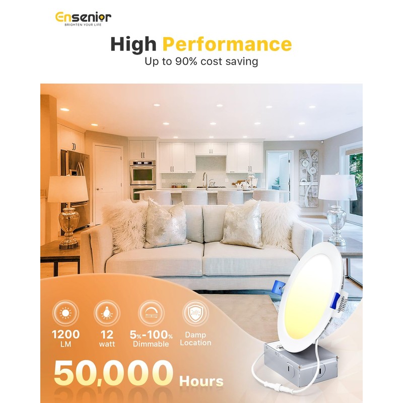 Ensenior 4 Pack 6 Inch LED Recessed Light, Dimmable, 6000K